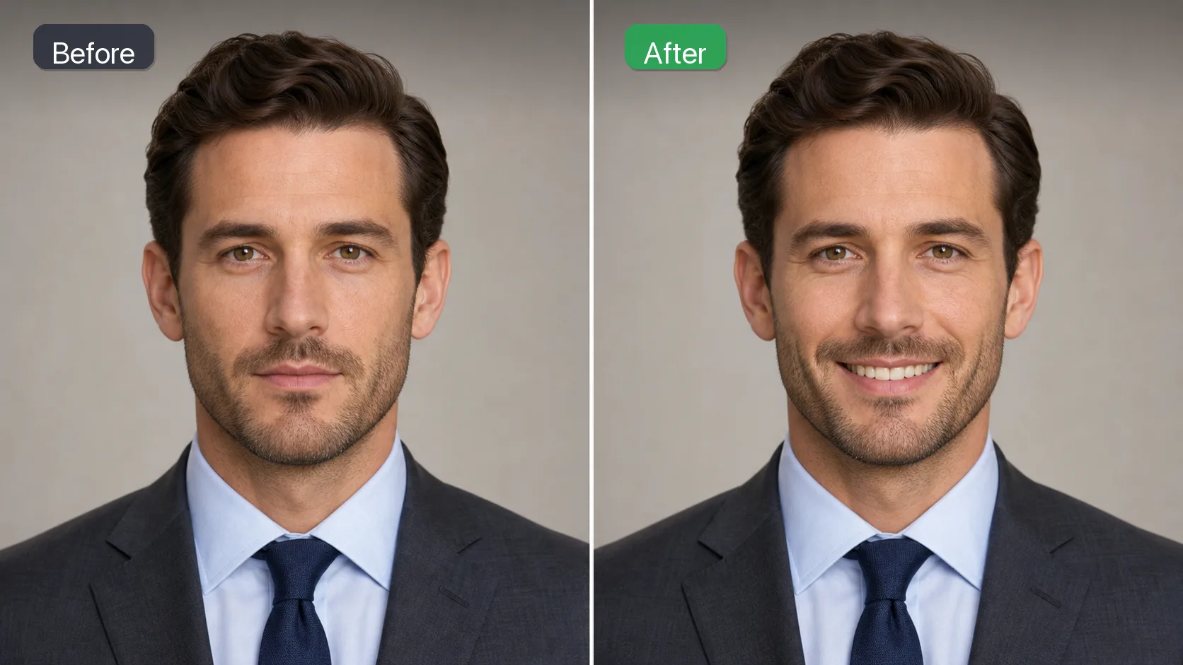 AI smile generator professional headshot before and after
