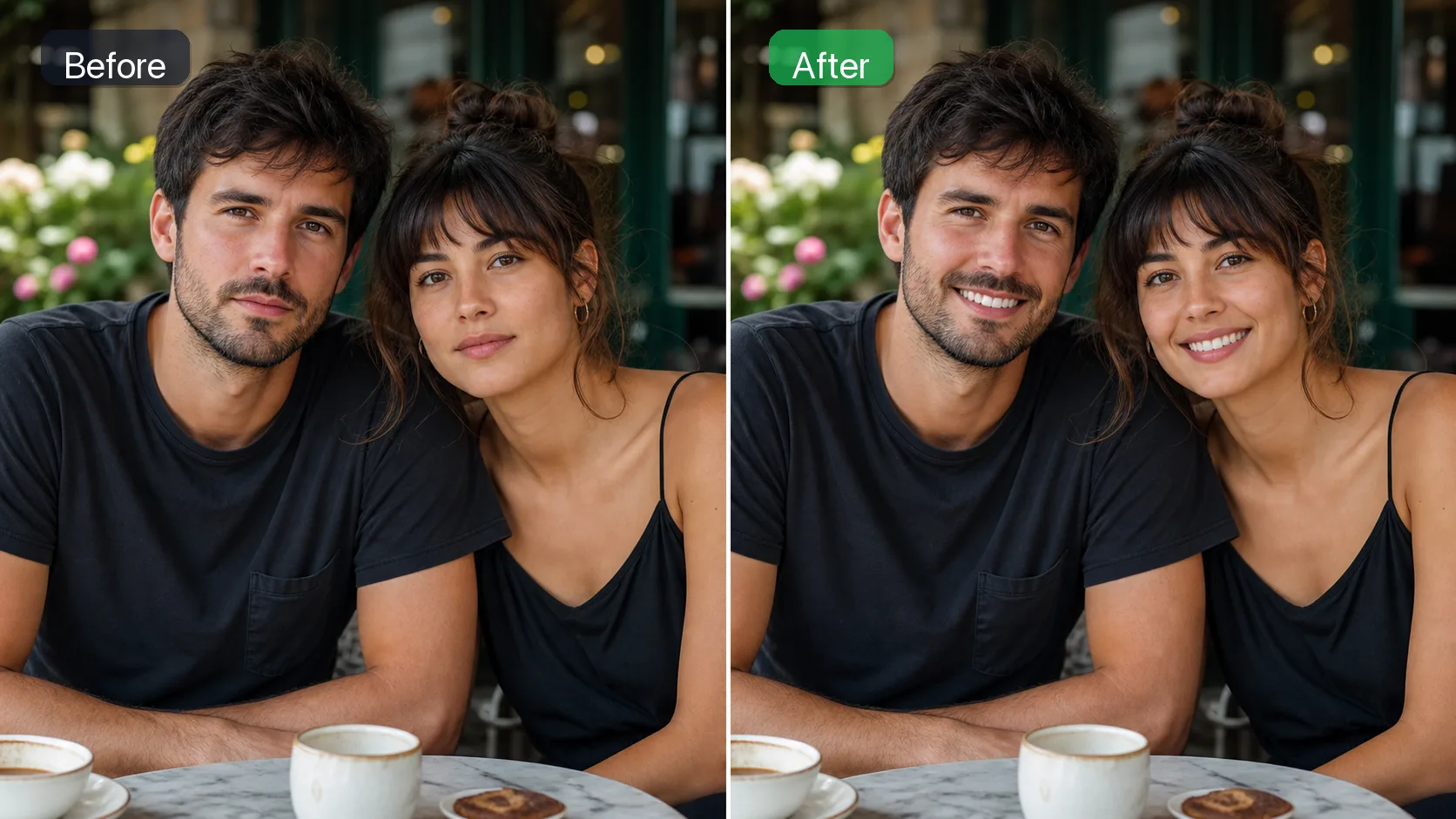 AI smile generator couple portrait before and after